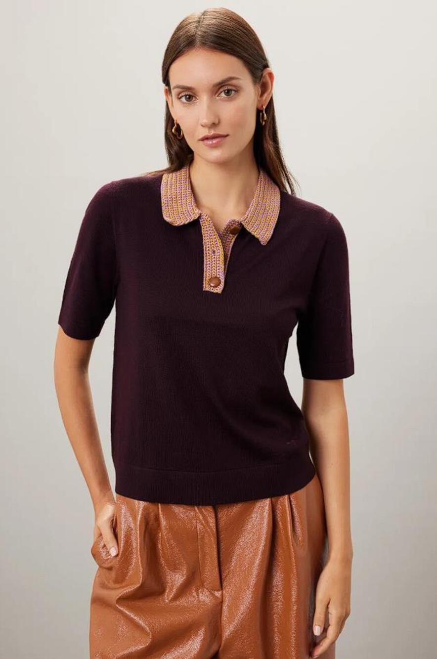 TORY BURCH Women's Crochet Knit Polo Size M In Purple